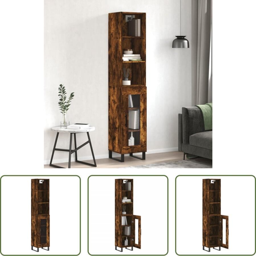 The Living Store Hoge kast 34 5x34x180 cm bewerkt hout gerookt eikenkleurig Hoge Kast Opbergkast Houten Kast Met Lade Vintage Kast