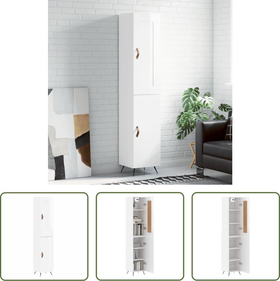 The Living Store Hoge kast 34 5x34x180 cm bewerkt hout hoogglans wit Hoge Kast Opslagkast Kasten Woonaccessoires Designkast