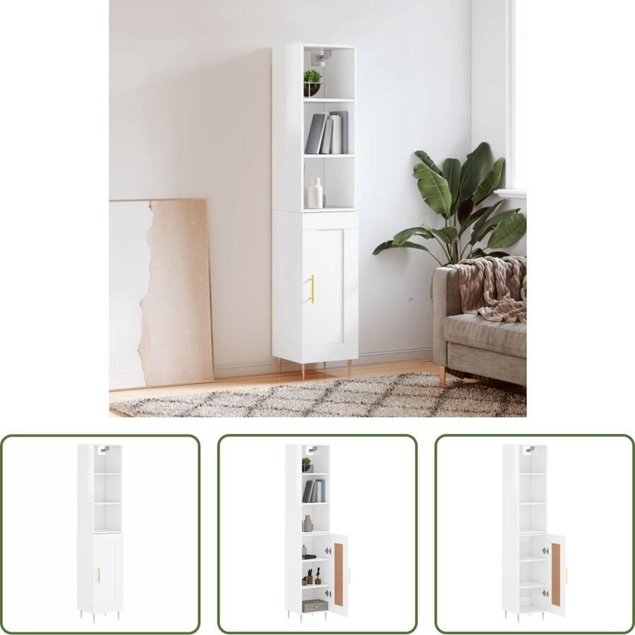 The Living Store Hoge kast 34 5x34x180 cm bewerkt hout hoogglans wit Hoge Kast Opslagkast Kast Wit Houten Kast Moderne Kast