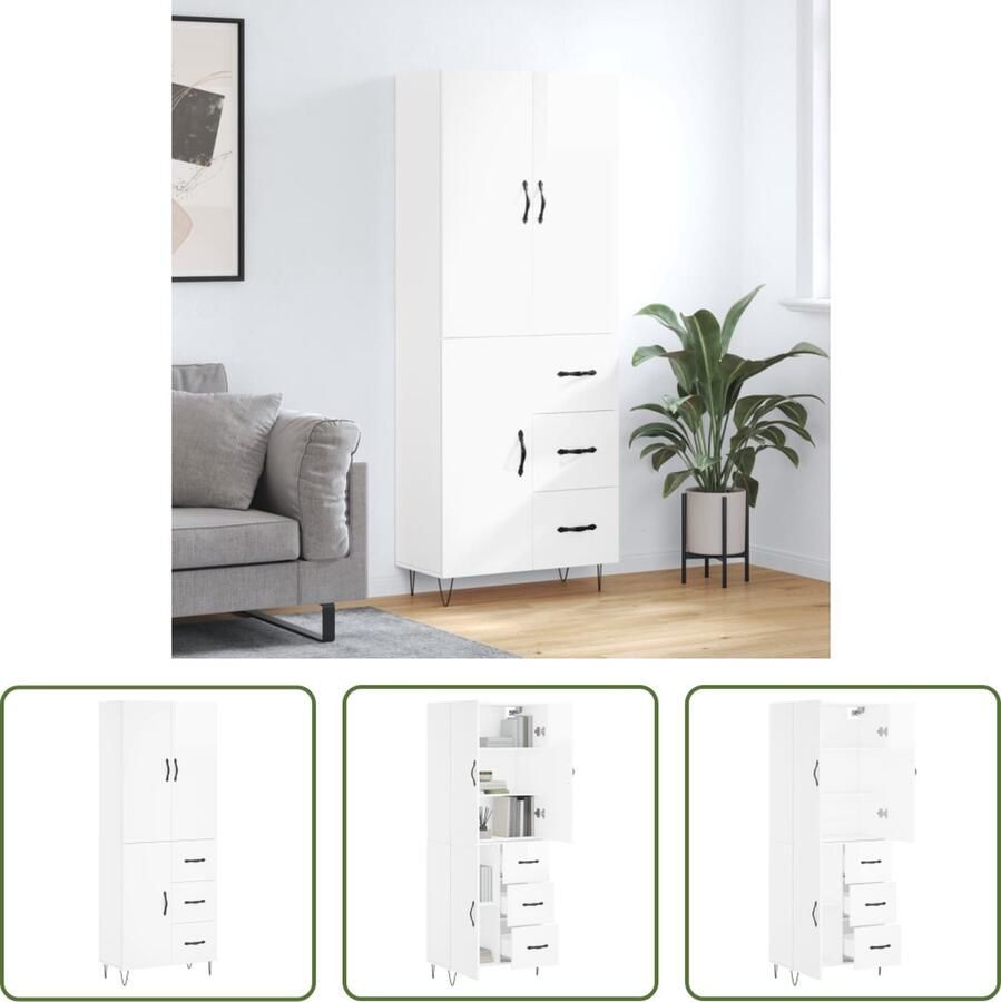 The Living Store Hoge Kast Opbergkast Hoogglans Wit 69.5 x 34 x 180 cm Duurzaam materiaal