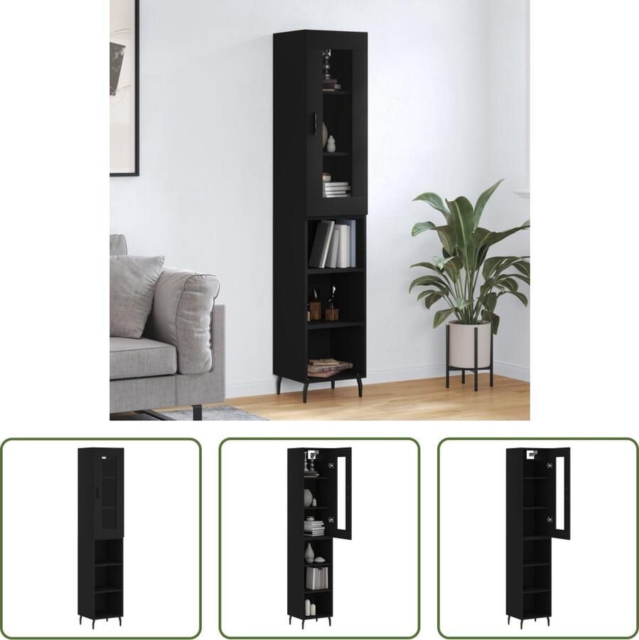 The Living Store Hoge kast 34 5x34x180 cm bewerkt hout zwart Hoge Kast Opbergkast Houten Kast Zwarte Kast