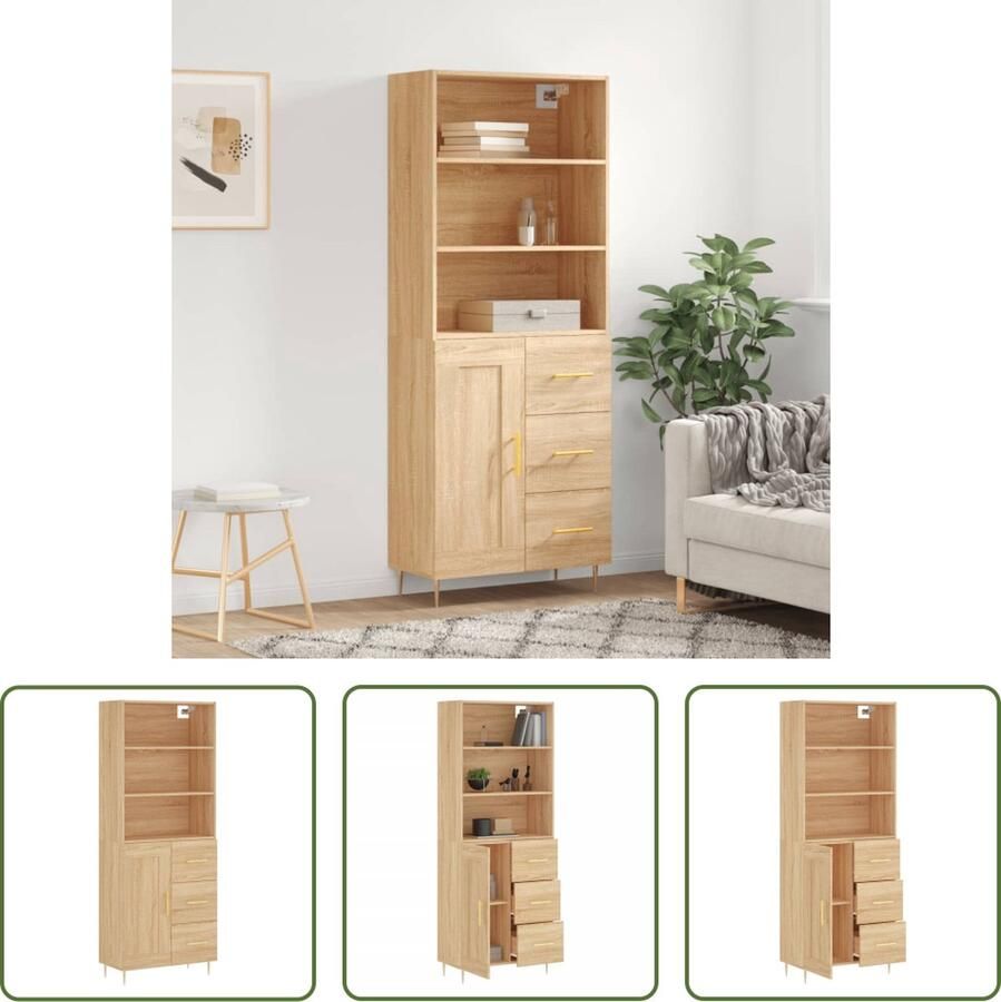 The Living Store Hoge Kast Sonoma Eiken 69.5 x 34 x 180 cm Opbergkast met Metalen Voeten