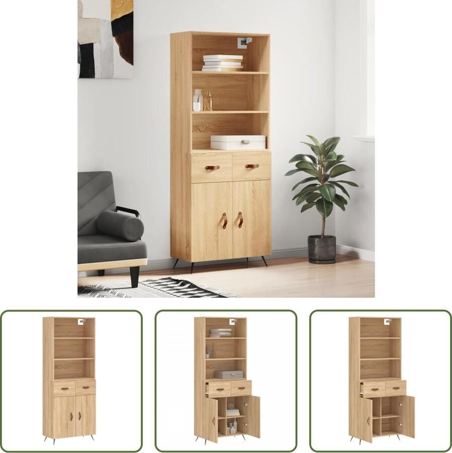 The Living Store Hoge kast Sonoma eiken Bewerkt hout en metaal 69.5 x 34 x 180 cm Opbergkast