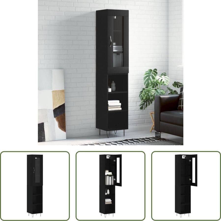 The Living Store Hoge kast 34 5x34x180 cm bewerkt hout zwart Hoge Kast Zwarte Kast Houten Kast Opbergkast Designkast