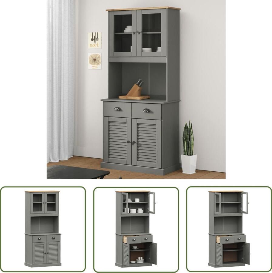 The Living Store Hoge kast VIGO 78x40x175 cm massief grenenhout grijs Hoge Kast Dressoir Buffetkast Massief Grenenhout Grijze Kast