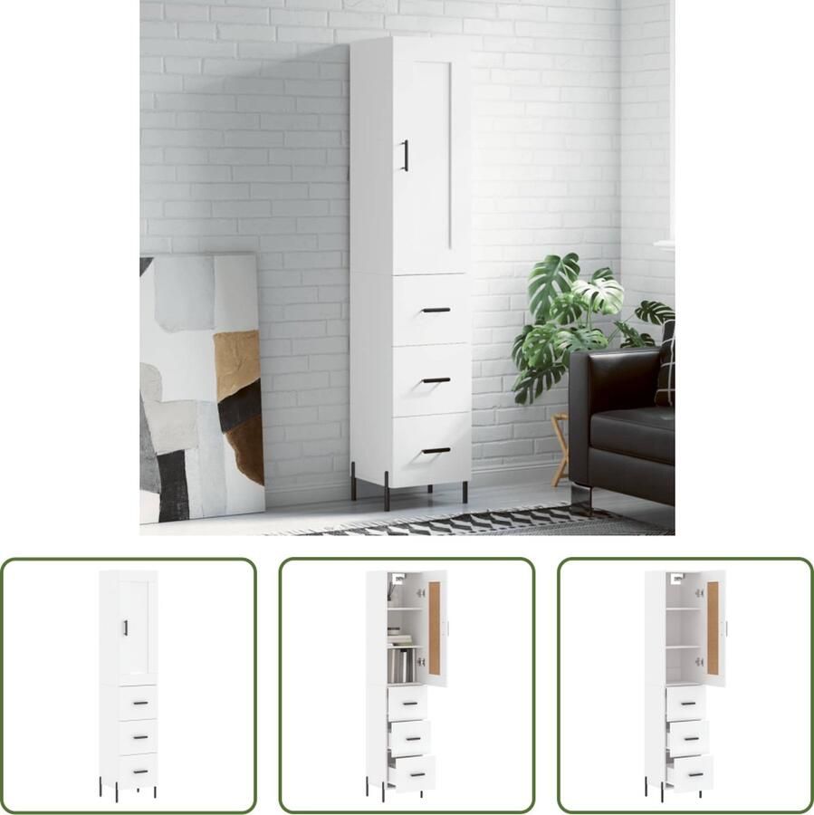 The Living Store Hoge kast 34 5x34x180 cm bewerkt hout wit Hoge Kast Opslagruimte Houten Kast Witte Kast