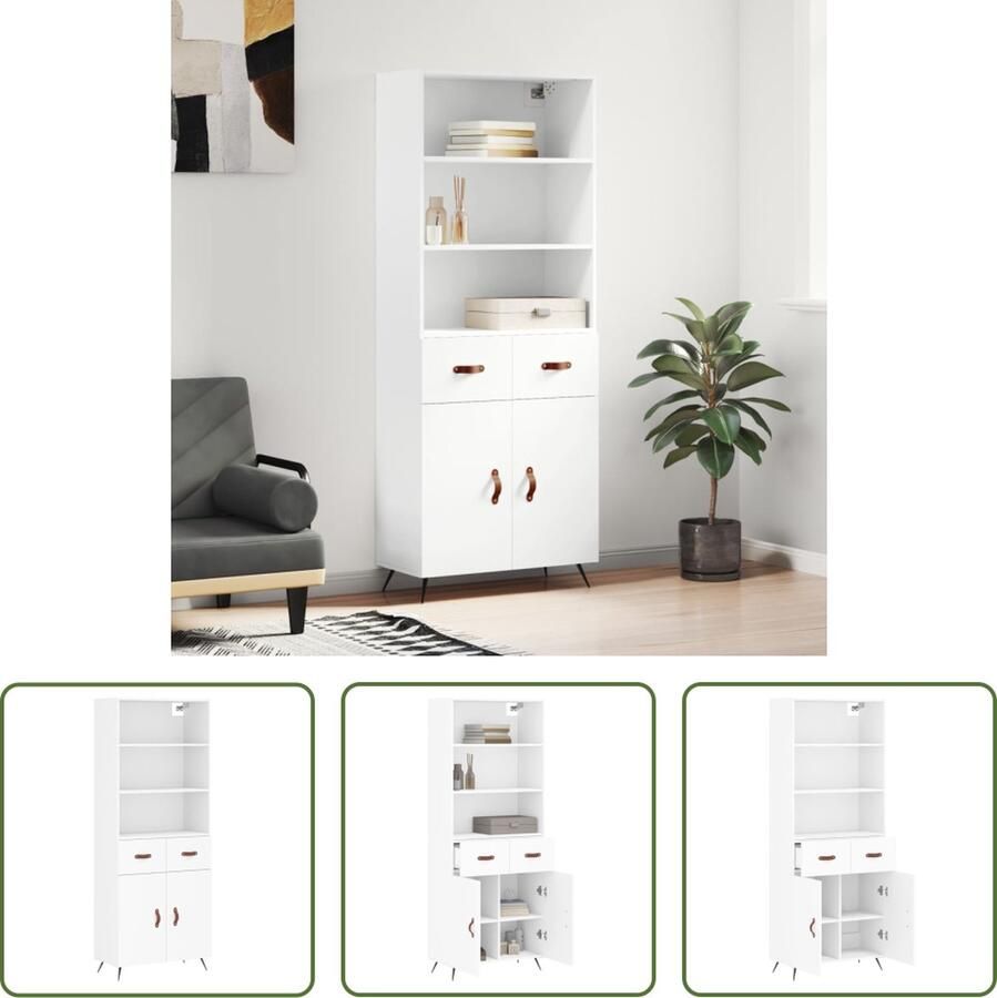 The Living Store Hoge Kast Wit 69.5 x 34 x 180 cm Duurzaam hout Voldoende opbergruimte Praktische deur Metalen voeten Inclusief dressoir opzetkast - Foto 5