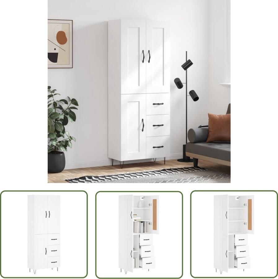 The Living Store Hoge Kast Wit 69.5 x 34 x 180 cm Duurzaam hout Voldoende opbergruimte Praktische deur Metalen voeten Inclusief dressoir opzetkast - Foto 3