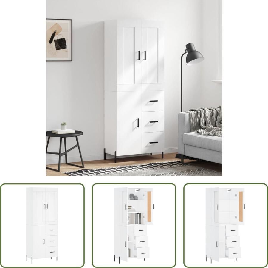 The Living Store Hoge kast 69 5x34x180 cm bewerkt hout wit Hoge Kast Witte Kast Houten Kast Opbergkast Woonkamermeubel - Foto 2