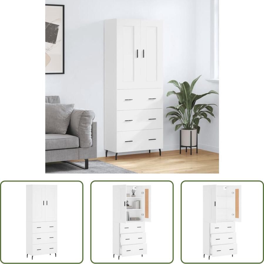 The Living Store Hoge kast 69 5x34x180 cm bewerkt hout wit Hoge Kast Witte Kast Houten Kast Opslagkast Woonkamerkast