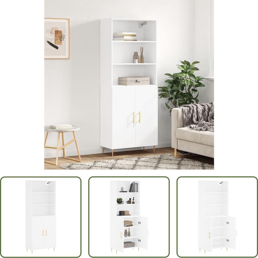 The Living Store Hoge kast 69 5x34x180 cm bewerkt hout wit Hoge Kast Witte Kast Houten Kast Opslagkast Woonkamerkast - Foto 2