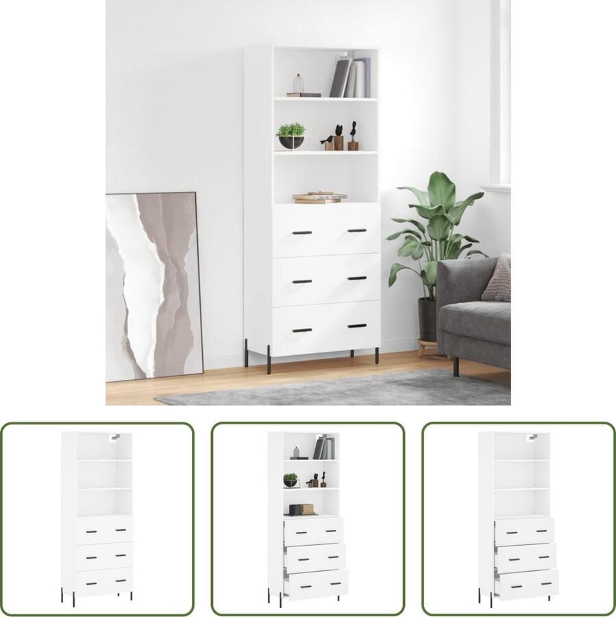 The Living Store Hoge kast 69 5x34x180 cm bewerkt hout wit Hoge Kast Houten Kast Wit Kast Opbergkast Dressoir