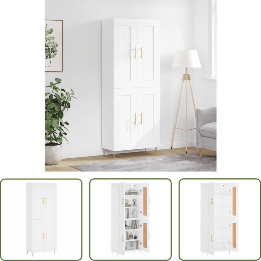 The Living Store Hoge Kast Wit 69.5 x 34 x 180 cm Duurzaam Voldoende opbergruimte Praktische deuren IJzeren poten Montage vereist - Foto 3