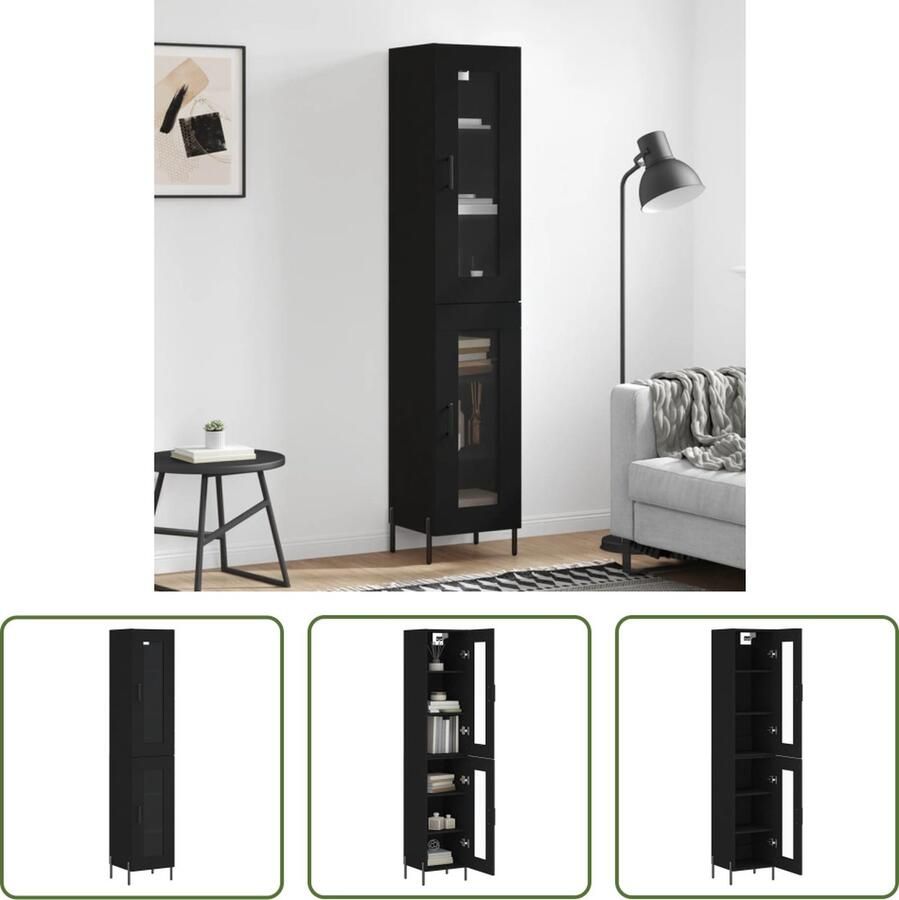 The Living Store Hoge kast 34 5x34x180 cm bewerkt hout zwart Hoge Kast Zwarte Kast Houten Kast Opbergkast Woonkamer Decoratie