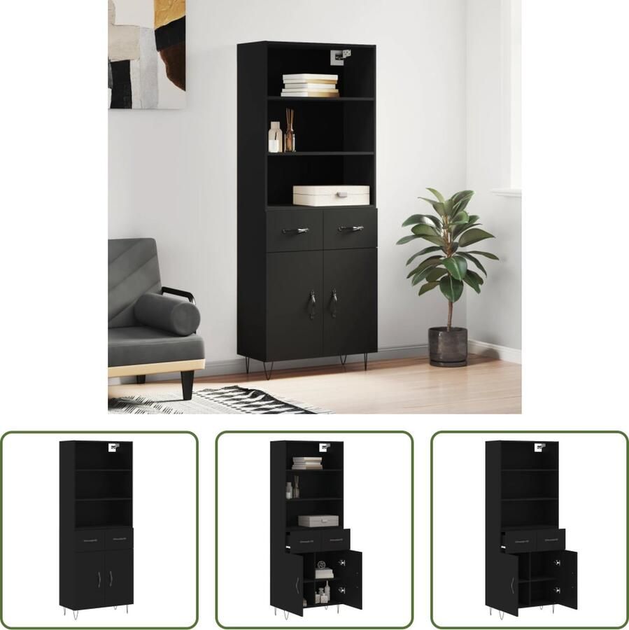 The Living Store Hoge kast 69 5x34x180 cm bewerkt hout zwart Hoge Kast Opbergkast Houten Kast Zwarte Kast