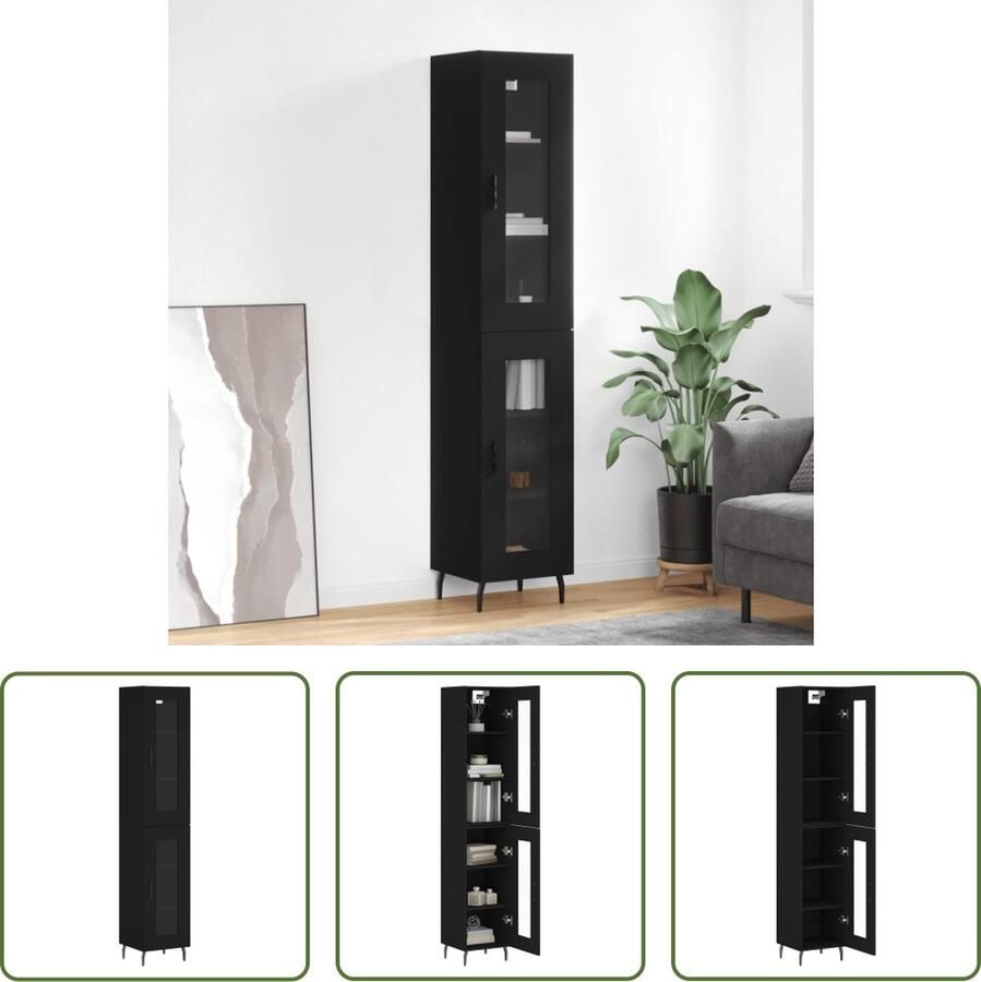 The Living Store Hoge kast 34 5x34x180 cm bewerkt hout zwart Hoge Kast Zwarte Kast Houten Kast Opbergkast Kast Met Deuren