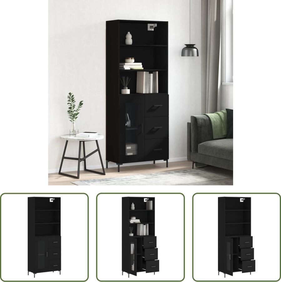 The Living Store Hoge kast zwart bewerkt hout en ijzer 69.5 x 34 x 180 cm voldoende opbergruimte praktische deur ijzeren poten