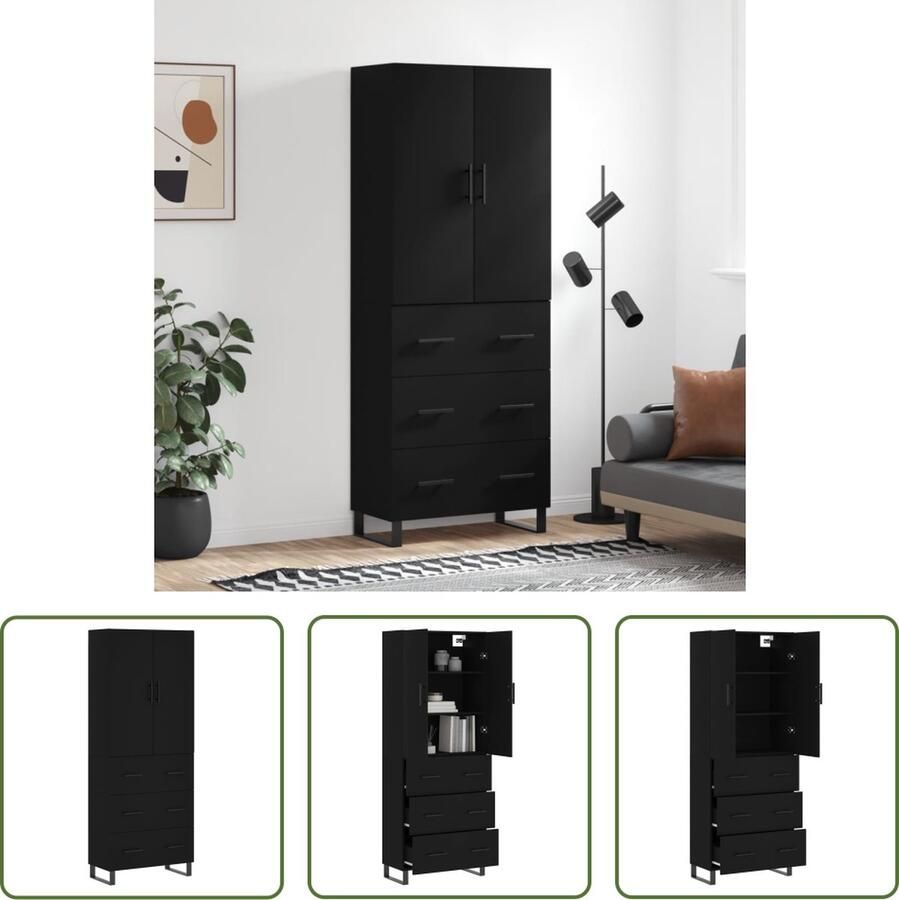 The Living Store Hoge Kast Zwart Bewerkt Hout en Metaal 69.5 x 34 x 180 cm Opbergkast - Foto 2