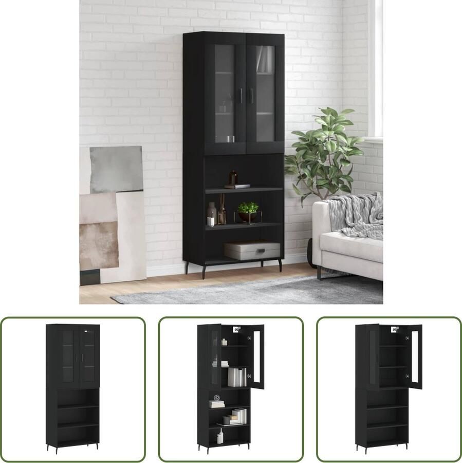 The Living Store Hoge kast 69 5x34x180 cm bewerkt hout zwart Hoge Kast Kledingkast Opbergkast Houten Kast