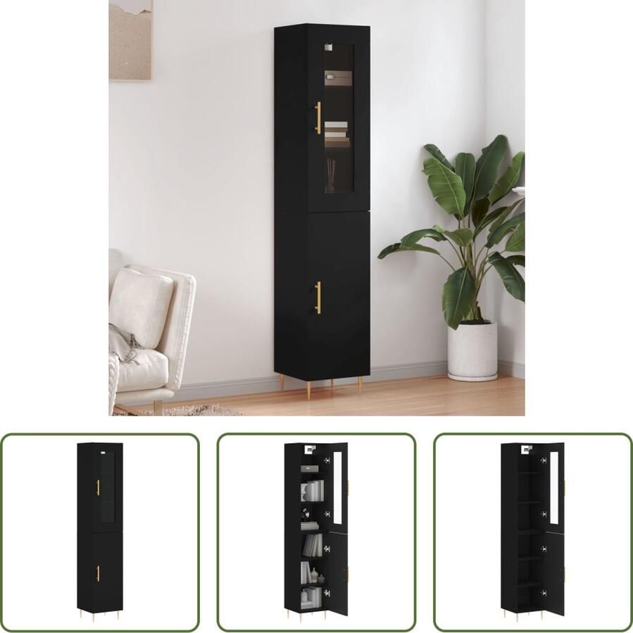 The Living Store Hoge Kast Zwarte bewerkt houten opbergkast 34.5 x 34 x 180 cm Met praktische deuren en metalen voeten