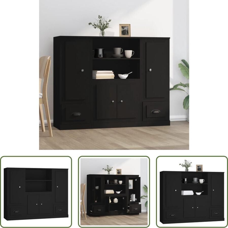 The Living Store Hoge kasten 3 st bewerkt hout zwart Hoge Kasten Houten Kasten Zwarte Kasten Opslagkasten Woonkamer Meubels