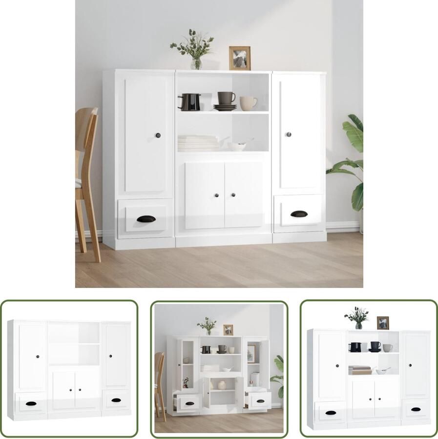 The Living Store Hoge kasten 3 st bewerkt hout hoogglans wit Hoge Kast Dressoir Buffetkast Witte Kast Houten Kast