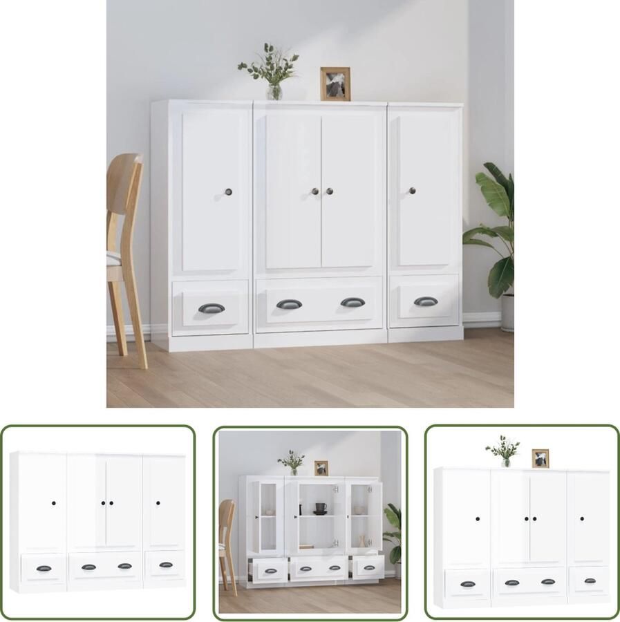 The Living Store Hoge kasten 3 st bewerkt hout hoogglans wit Hoge Kast Dressoir Vitrinekast Opslagruimte Keukenmeubel