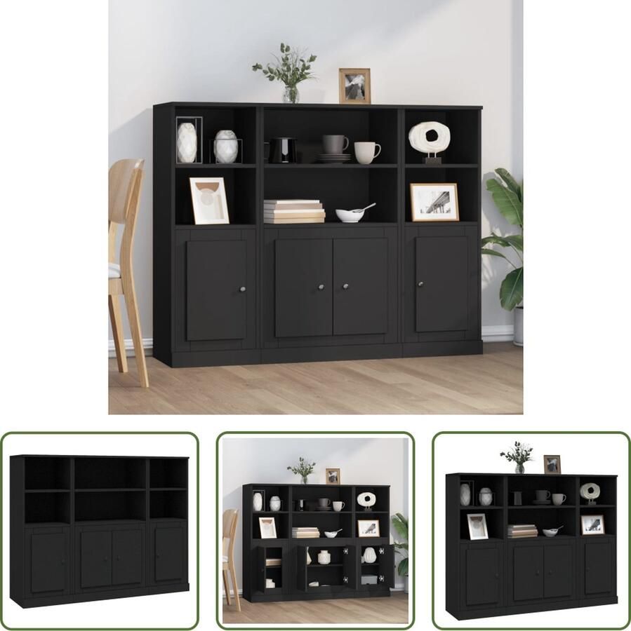 The Living Store Hoge kasten 3 st bewerkt hout zwart Hoge Kasten Houten Kasten Zwarte Kasten Opbergkasten Kastsysteem