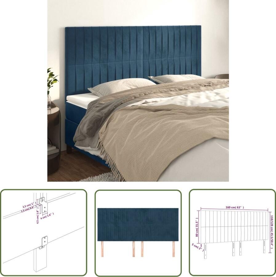 The Living Store Hoofdbord Hoofdborden 160 x 5 x 118 128 cm Fluwelen stof Stevige poten Verstelbare hoogte Comfortabele ondersteuning Klassiek ontwerp Donkerblauw Hoofd Bord Hoofdkussen Velvet Blauw Beddecoratie - Foto 3