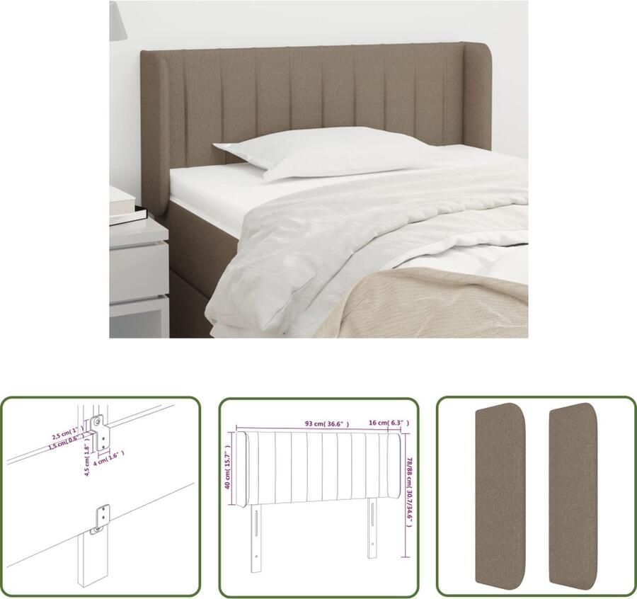 The Living Store Hoofdbord met randen 93x16x78 88 cm stof taupe Hoofd Bord Hoofdkussen Beddecoratie Slaapkamers Taupes Kleur