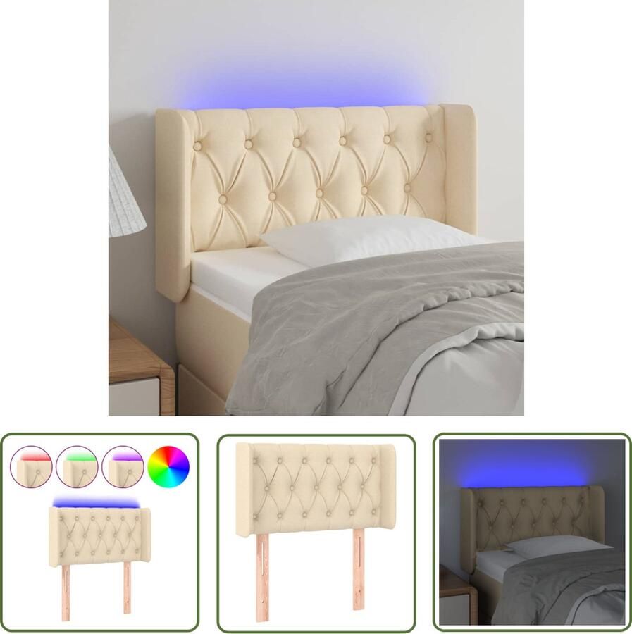 The Living Store Hoofdbord Classic LED 83 x 16 x 78 88 cm Duurzaam Kleurrijke LED Verstelbare hoogte Comfortabele ondersteuning Snijdbare LED-strip Crème Materiaal- stof hout IP65 Incl montagehandleiding