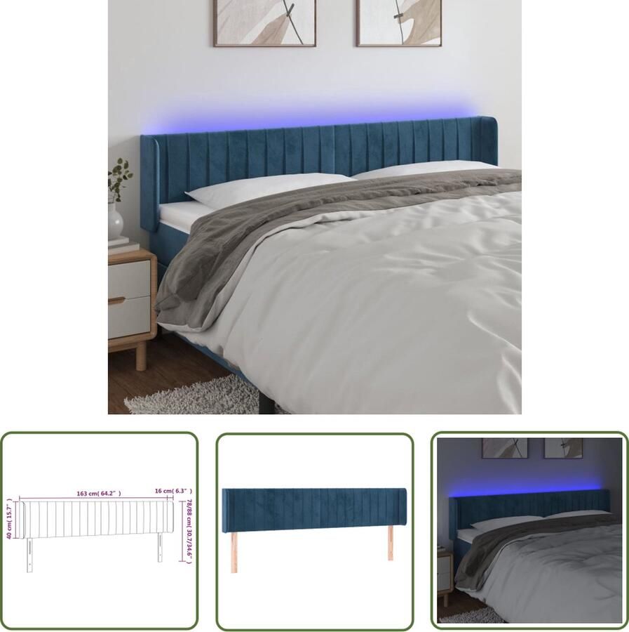 The Living Store Hoofdbord Donkerblauw Stof 163x16x78 88 cm LED Verlichting Verstelbaar Hoofd Bord Led Hoofdbord Velvet Hoofdbord Blauw Hoofdbord Slaapkamersdecoratie
