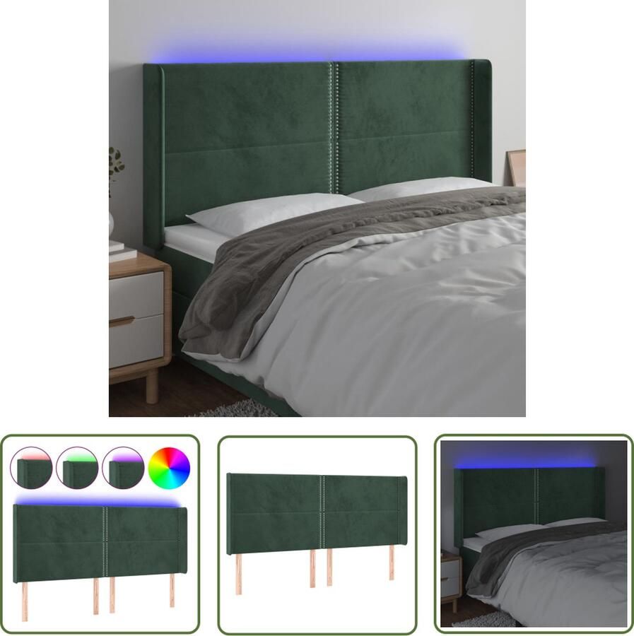 The Living Store Hoofdbord Donkergroen Fluweel 163 x 16 x 118 128 cm Verstelbaar LED-verlichting Schuimvulling
