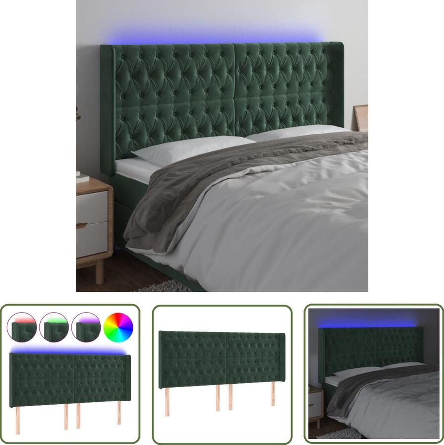 The Living Store Hoofdbord Donkergroen LED Verlichting Verstelbaar Fluwelen Stof 183x16x118 128cm