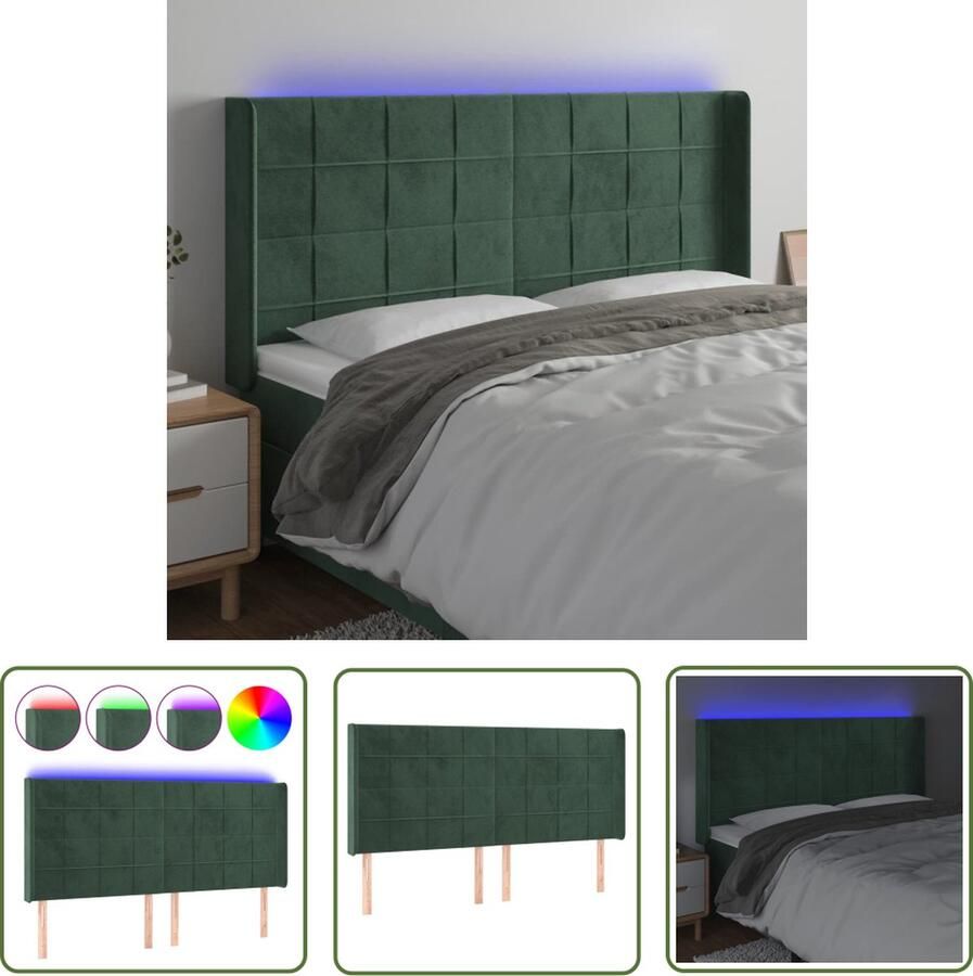 VidaXL The Living Store Hoofdbord Donkergroen Verstelbaar 183 x 16 x 118 128 cm Fluweel Kleurrijke LED-verlichting Snijdbare LED-strip