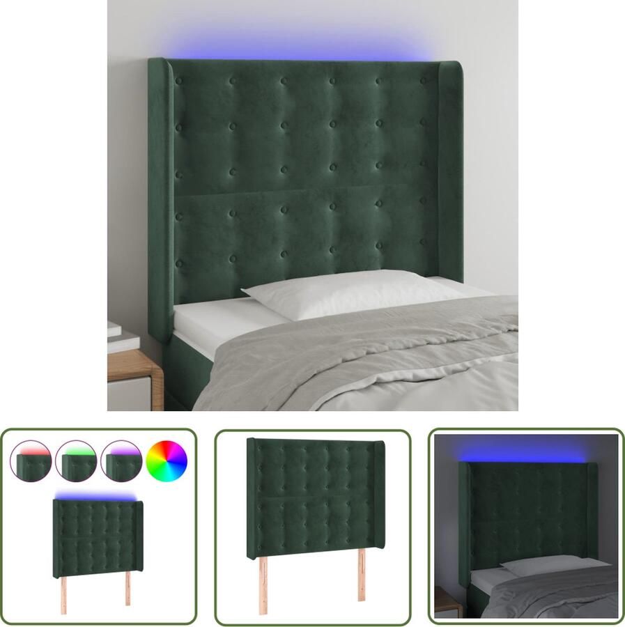 VidaXL The Living Store Hoofdbord Fluweel Dark Green 83x16x118 128 cm Verstelbaar Kleurrijke LED Snijdbare LED-strip