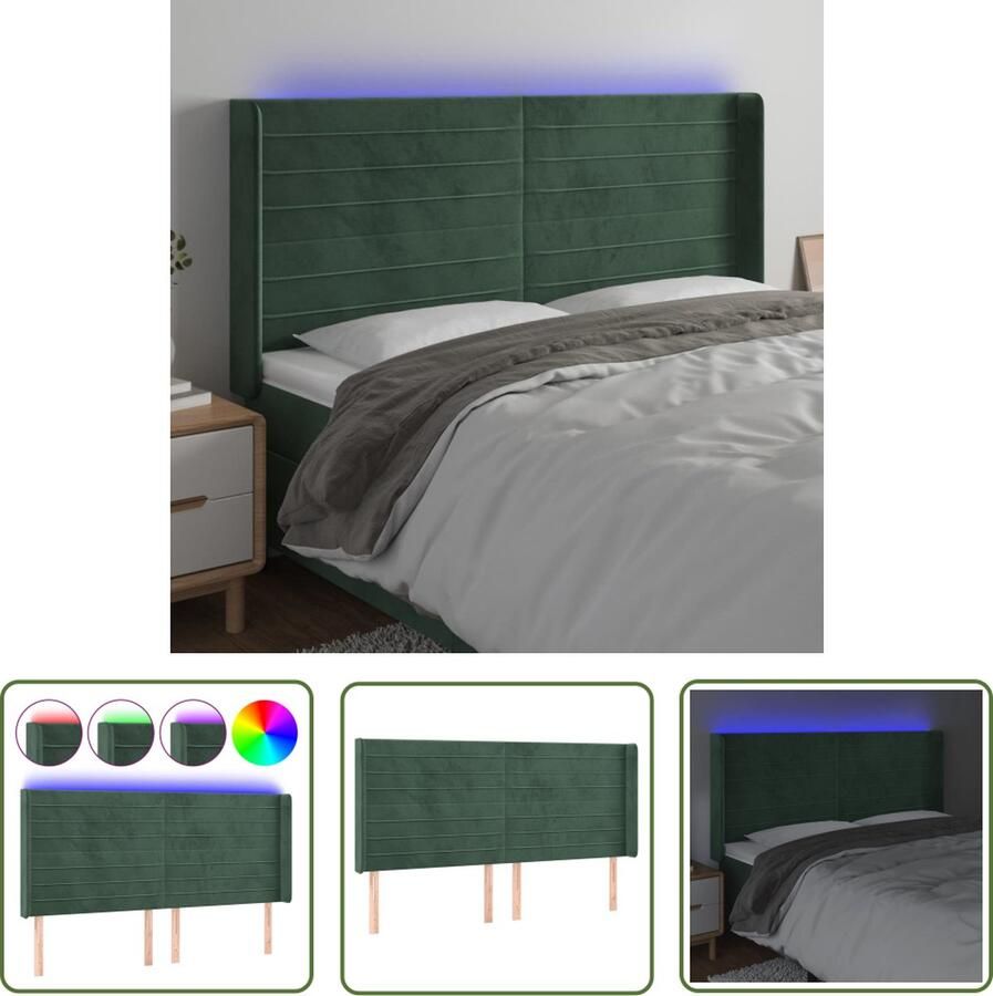The Living Store Hoofdbord Fluwelen LED Verstelbaar 203x16x118 128 cm Donkergroen