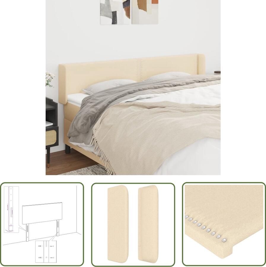 The Living Store Hoofdbord met randen 203x16x78 88 cm stof crèmekleurig Hoofd Bord Hoofdkussen Beddecoratie Creme Kleur Stoffen Hoofdbord