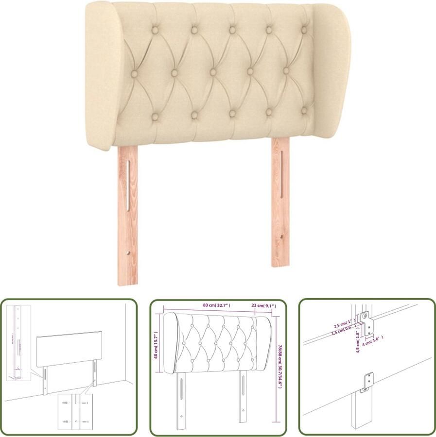The Living Store Hoofdbord met randen 83x23x78 88 cm stof crèmekleurig Hoofd Bord Hoofdkussen Klassiek Hoofdbord Crème Kleur Stoffen Hoofdbord