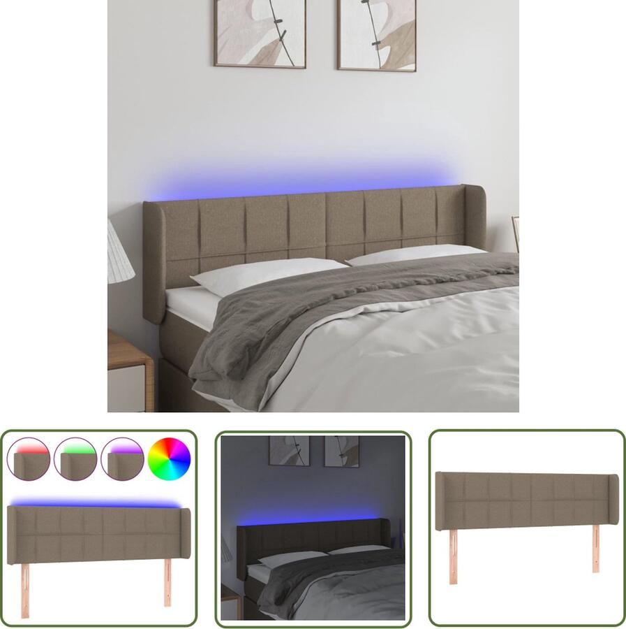 The Living Store Hoofdbord Klassiek LED-hoofdbord Bedmeubilair 147 x 16 x 78 88 cm Kleur- Taupe Materiaal- Stof bewerkt hout massief larikshout Ken- LED-verlichting
