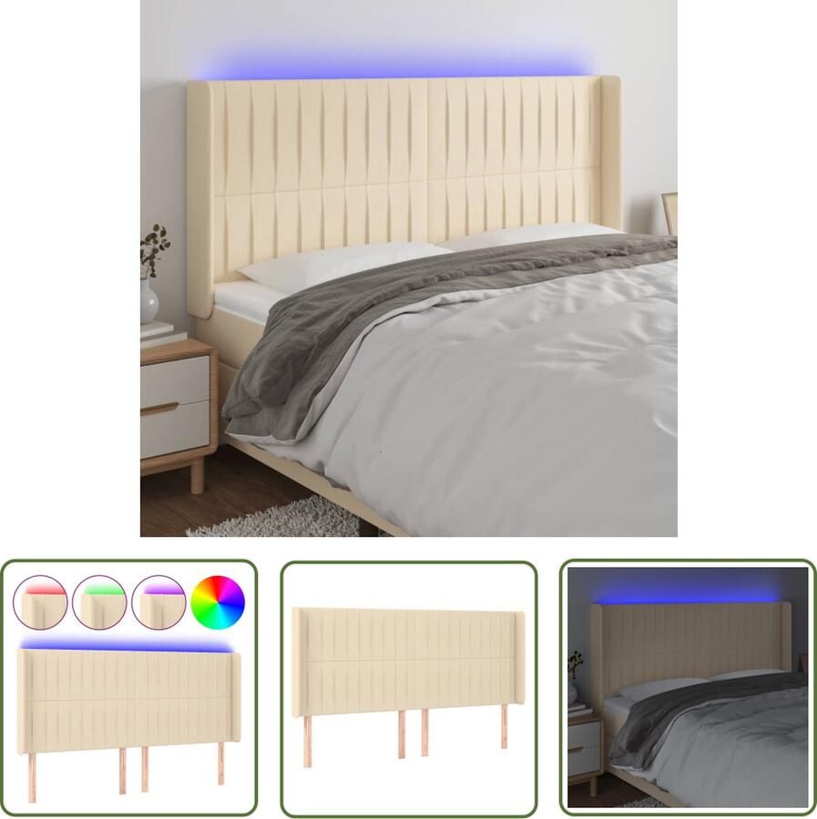The Living Store Hoofdbord LED 203x16x118 128 cm stof crèmekleurig Hoofd Bord Led Beddecoratie Hoofdbord Crème Hoofdbord Met Verlichting Led Lampen