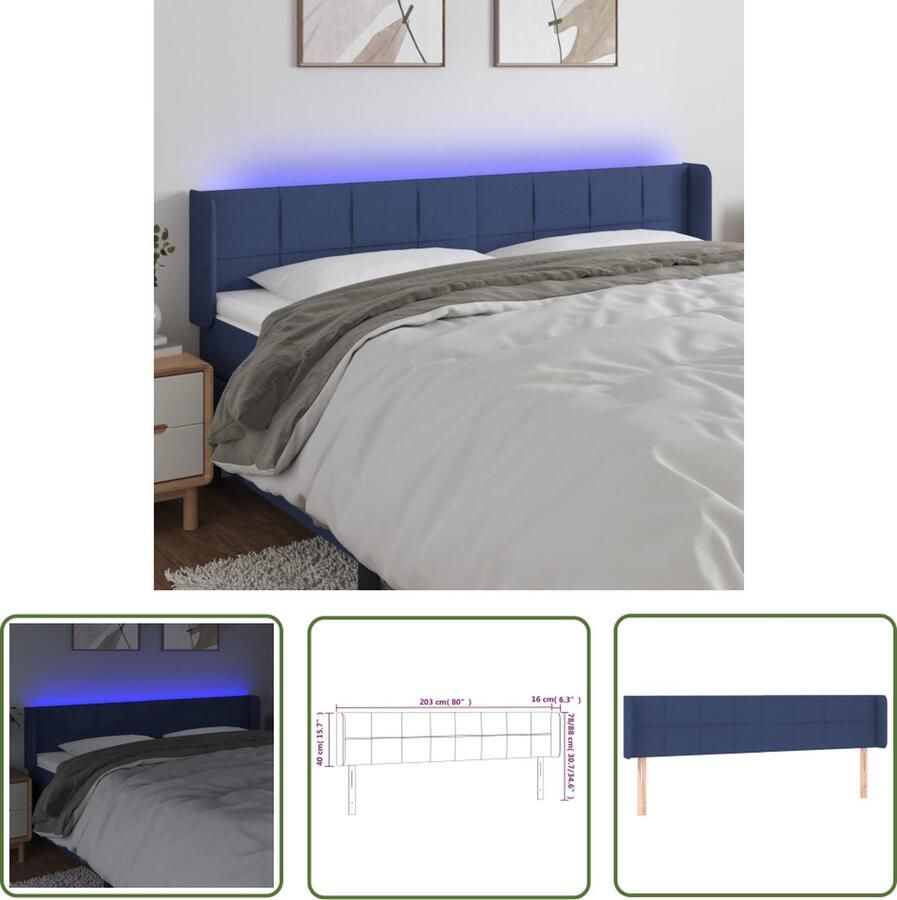 The Living Store Hoofdbord LED 203x16x78 88 cm stof blauw Hoofd Bord Led Hoofdbord Blauw Hoofdbord Met Led Verlichting Led Headboard Beddecoratie