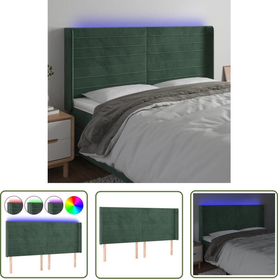 The Living Store Hoofdbord LED Donkergroen 163 x 16 x 118 128 cm Verstelbare hoogte Comfortabele ondersteuning Snijdbare LED-strip