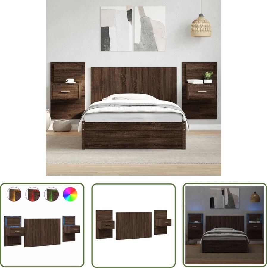 The Living Store Hoofdbord met Nachtkastjes Wandmontage Design RGB LED-verlichting Bewerkt Hout Bruineiken 120 x 80 cm Hoofdbord Nachtkast Led Verlichting Houten Meubels Bedroom Decoratie