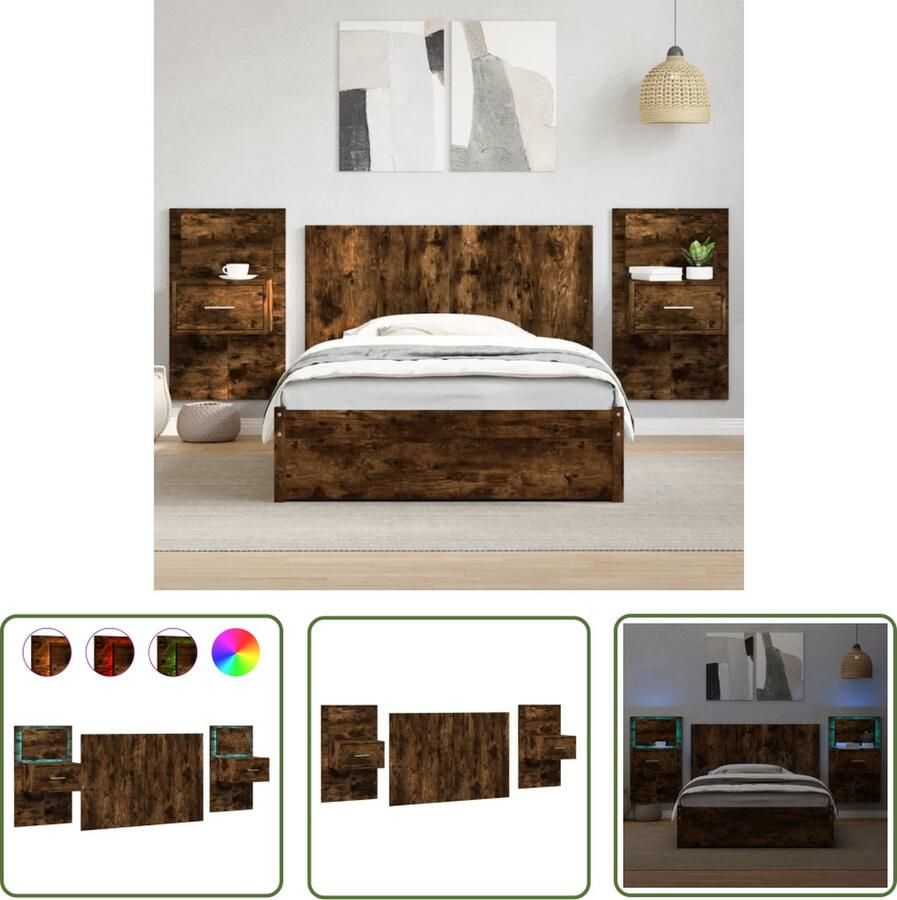 The Living Store Nachtkastjes met Hoofdbord en RGB LED-verlichting 120 x 80 cm bewerkt hout Nachthastje Hoofdbord Bedroom Furniture Houten Meubels Bruine Meubels