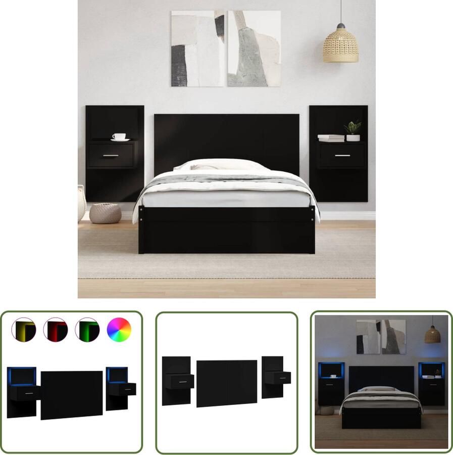 The Living Store Hoofdbord met zwevende nachtkastjes Bewerkt hout RGB LED-verlichting Zwart 120 x 1.5 x 80 cm Hoofdbord Nachtlamp Led Verlichting Houten Meubels Slaapkamersdecoratie