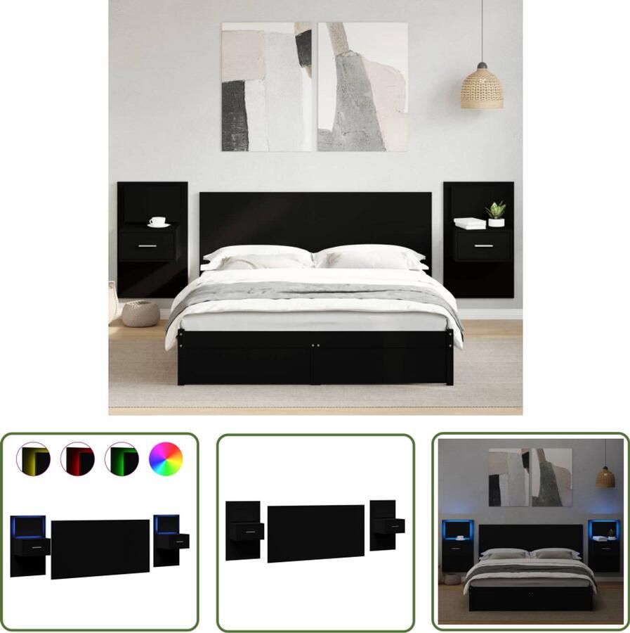 The Living Store Zwevend Nachtkastje Set Bewerkt Hout LED Verlicht Zwart 160 x 80 cm Hoofdbord Nachtlamp Led Verlichting Slaapkamer Decoratie Houten Kast