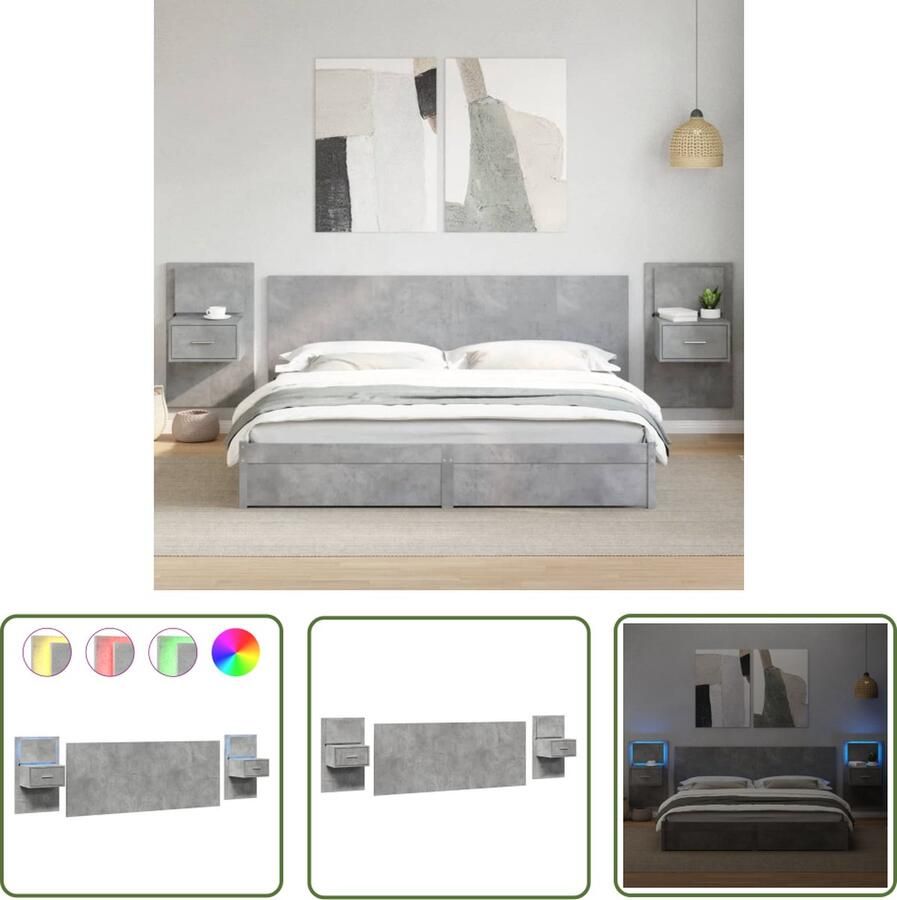 The Living Store Hoofdbord met kastjes 200 cm bewerkt hout betongrijs Hoofdbord Bedbanket Houten Meubels Slaapkamersdecoratie Led Verlichting