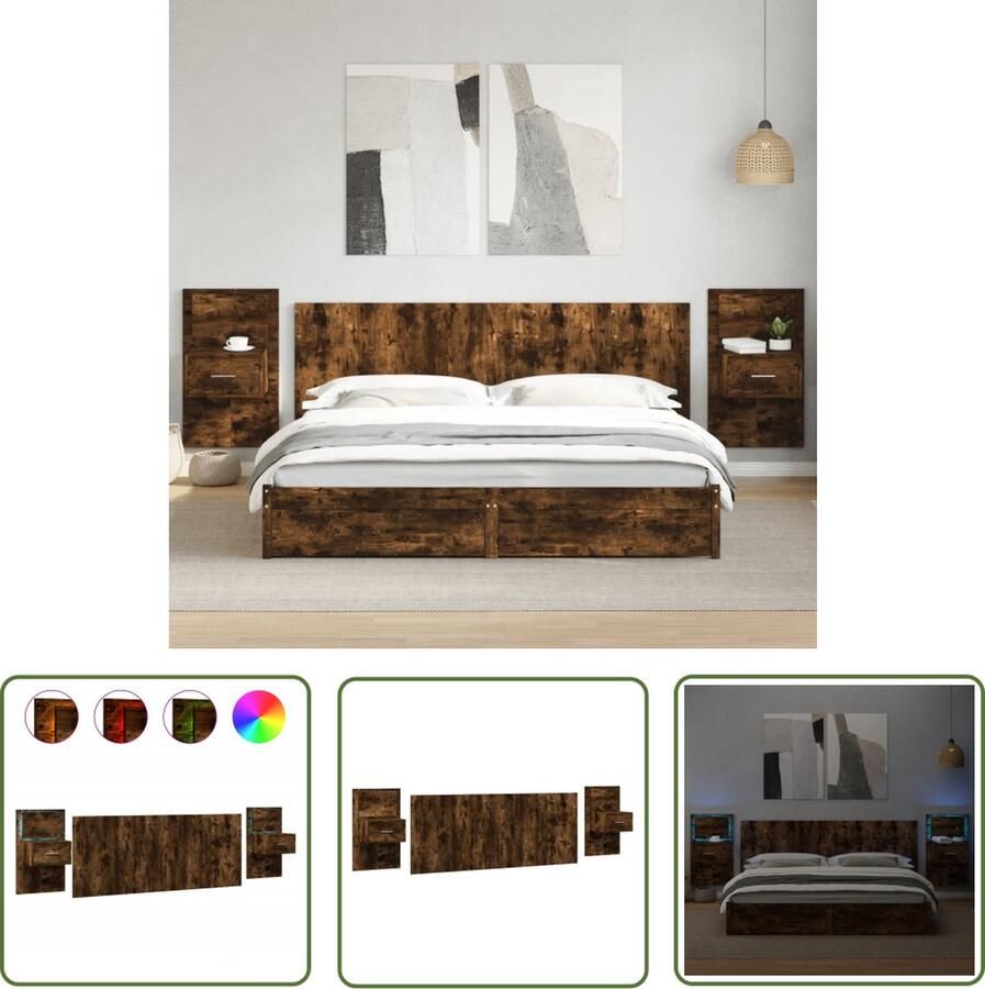 The Living Store Hoofdbord met kastjes 200 cm bewerkt hout gerookt eikenkleurig Hoofd Bord Hoofdkussen Led Verlichting Nachtlamp Houten Meubels