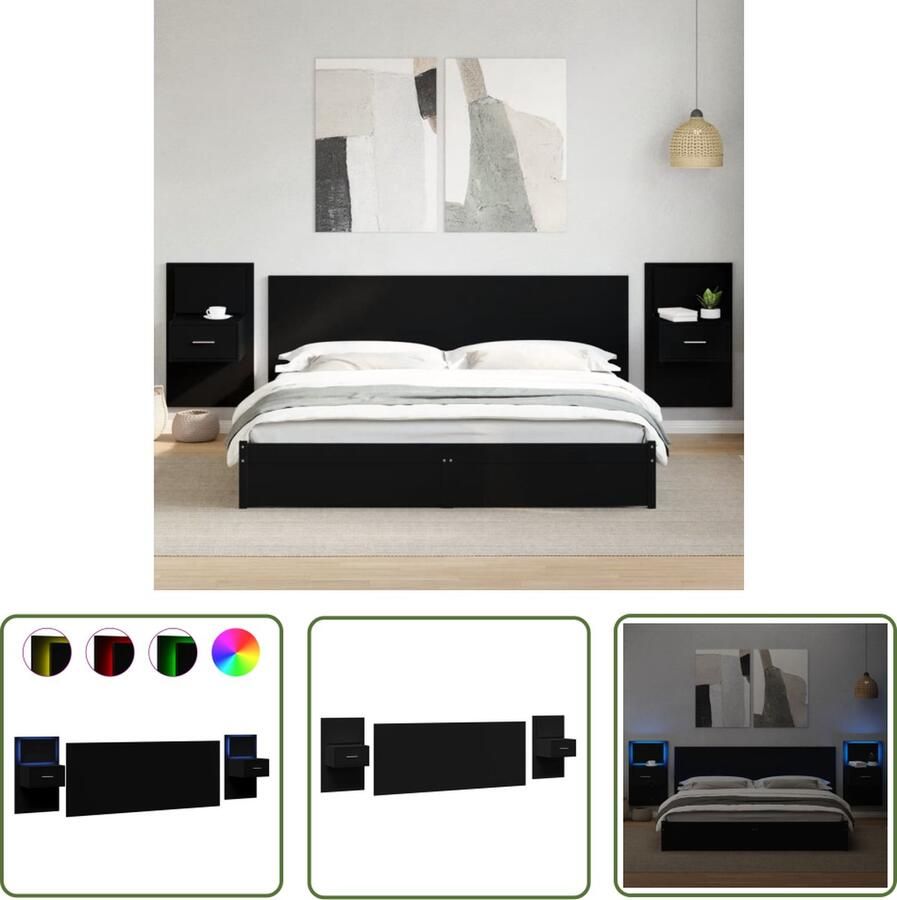 The Living Store Zwarte LED-verlichting Hoofdbord met Kasten 200 x 80 cm Bewerkt hout Hoofdbord Beddecoratie Led Verlichting Zwarte Meubels Houten Hoofdbord